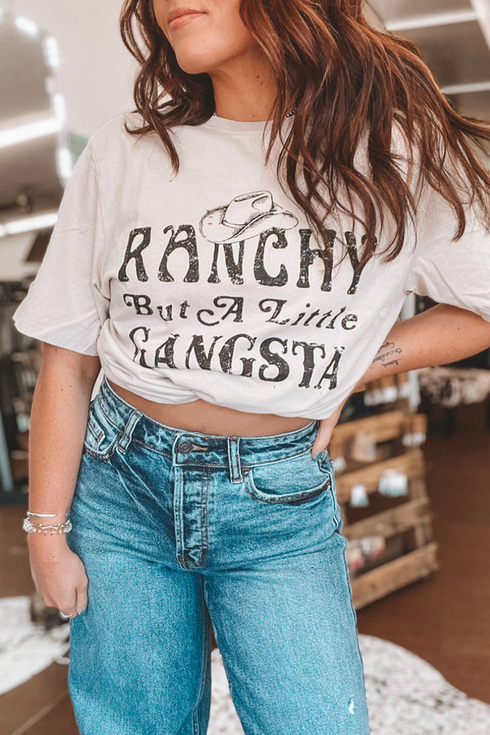 White Western Slogan Letter Print Short Sleeve T Shirt