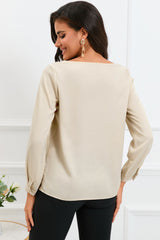 Apricot Solid Asymmetric V Neck Long Sleeve Satin Blouse