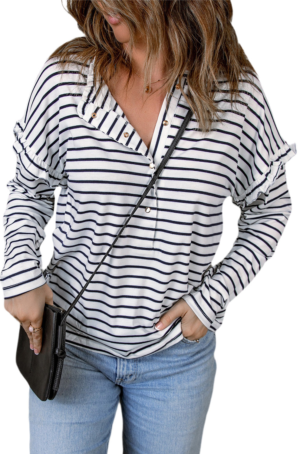 Black Striped Print Ruffled Buttoned Long Sleeve Top