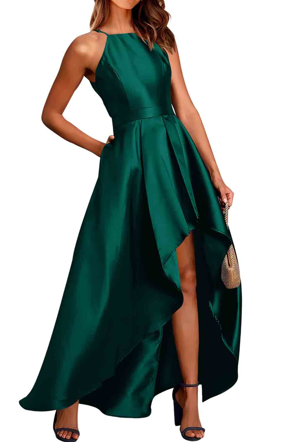 Green Satin Sleeveless Pleated High Low Dress with Pocket