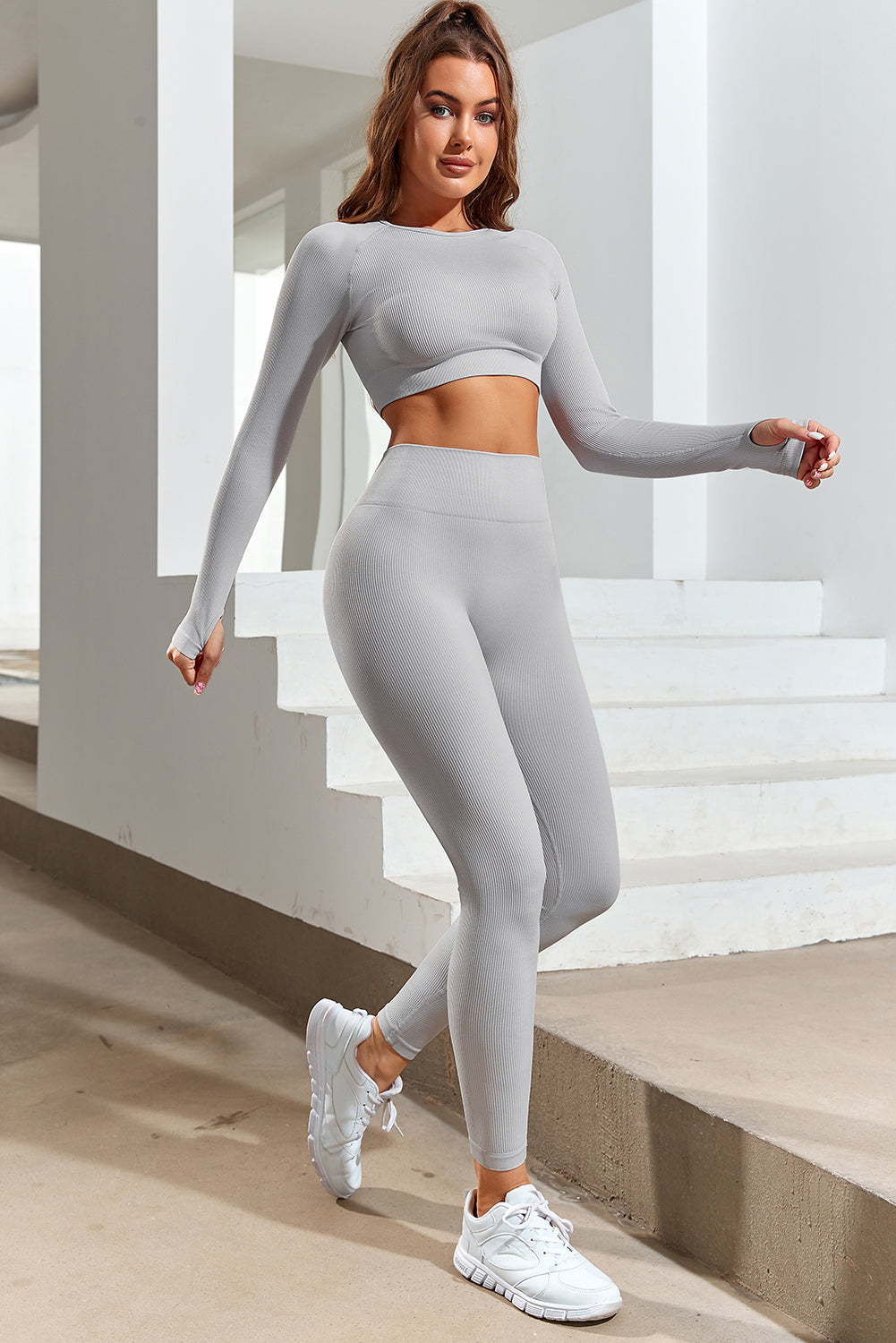 Gray Long Sleeve Seamless Crop Smoke