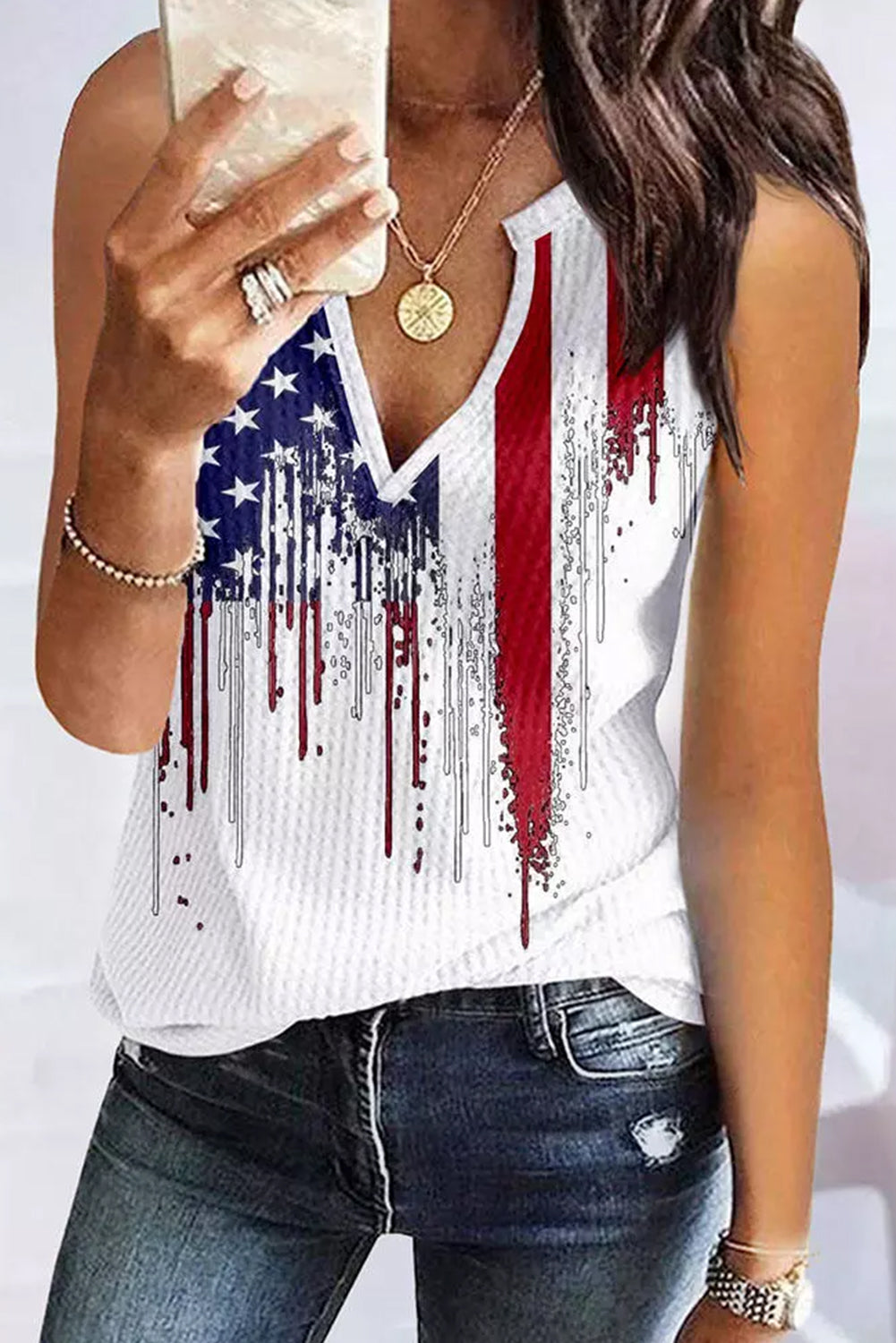 White American Flag Designful Print Notch V Neck Tank Top