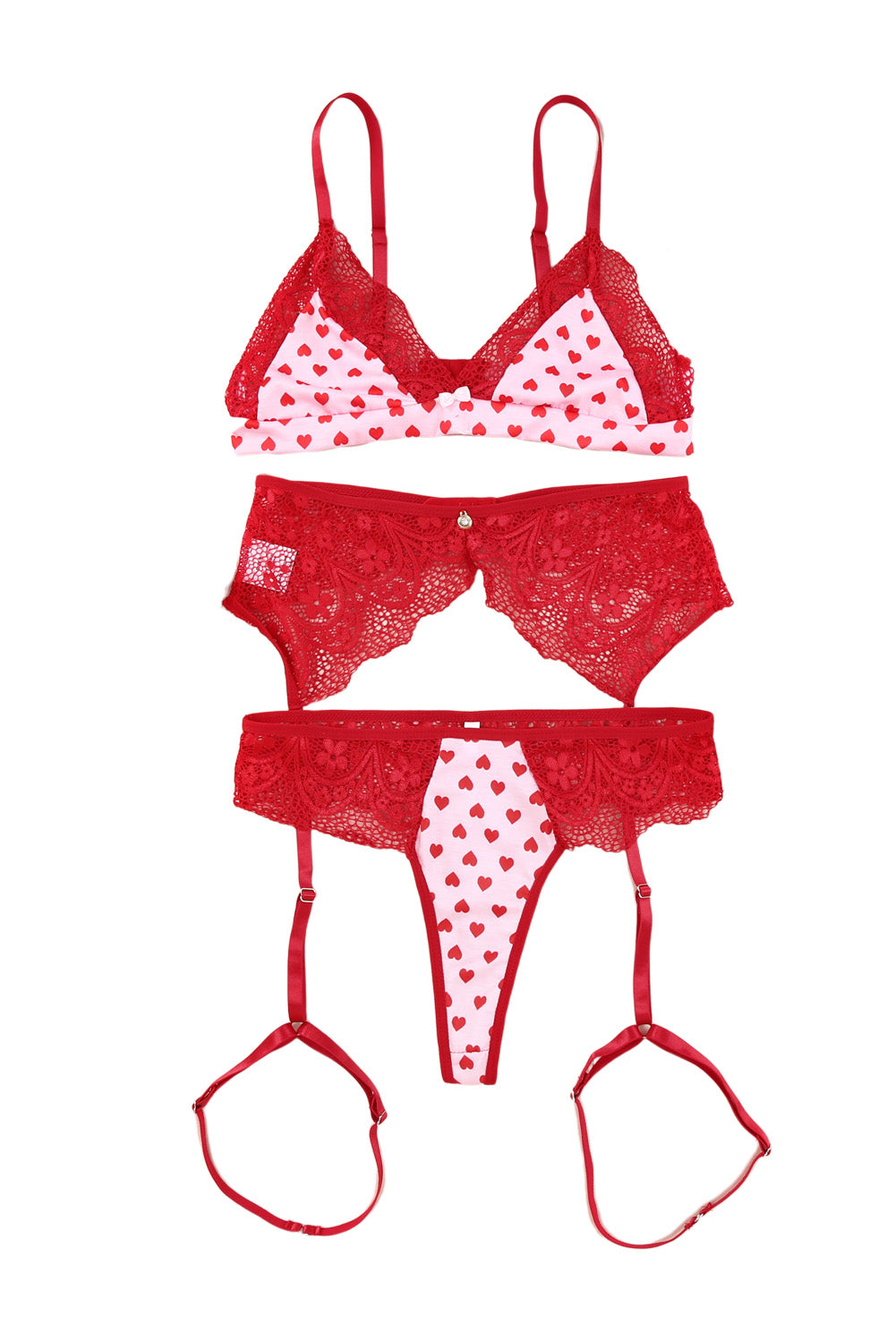 Red Lace Trim Heart Print Valentines Lingerie Set