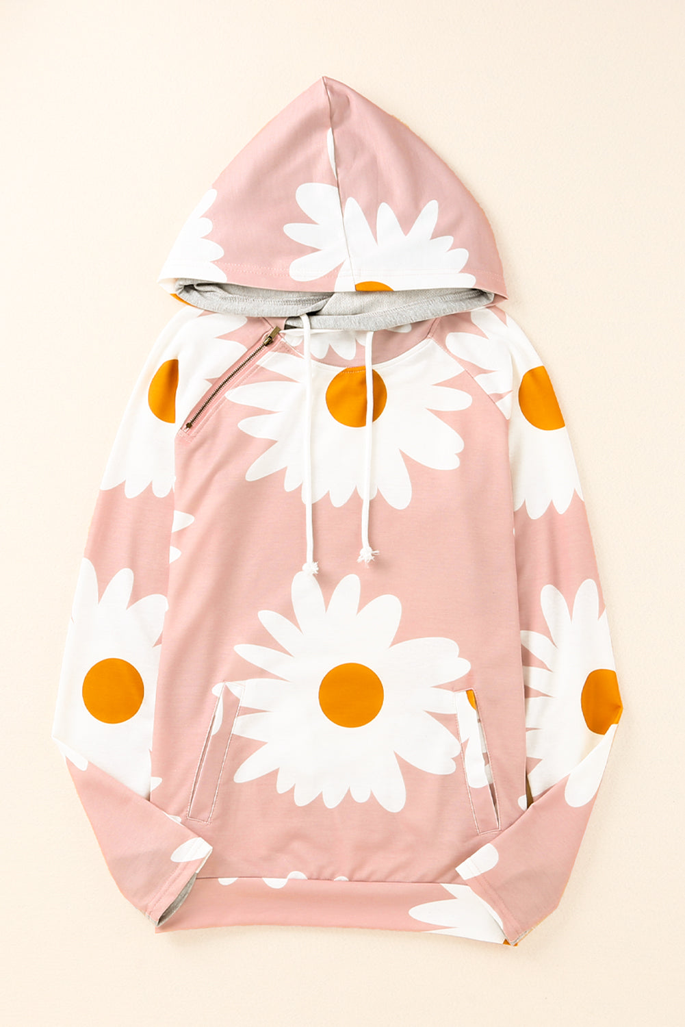 Pink Daisy Print Zipped Doublehood Sweatshirt