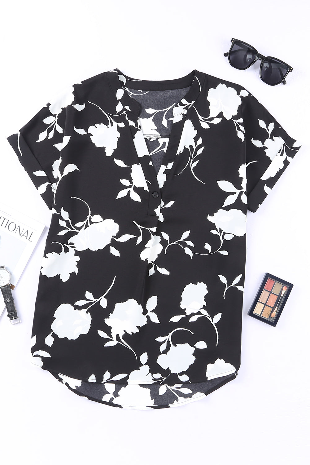 Black Floral Printed Short Sleeve Blouse