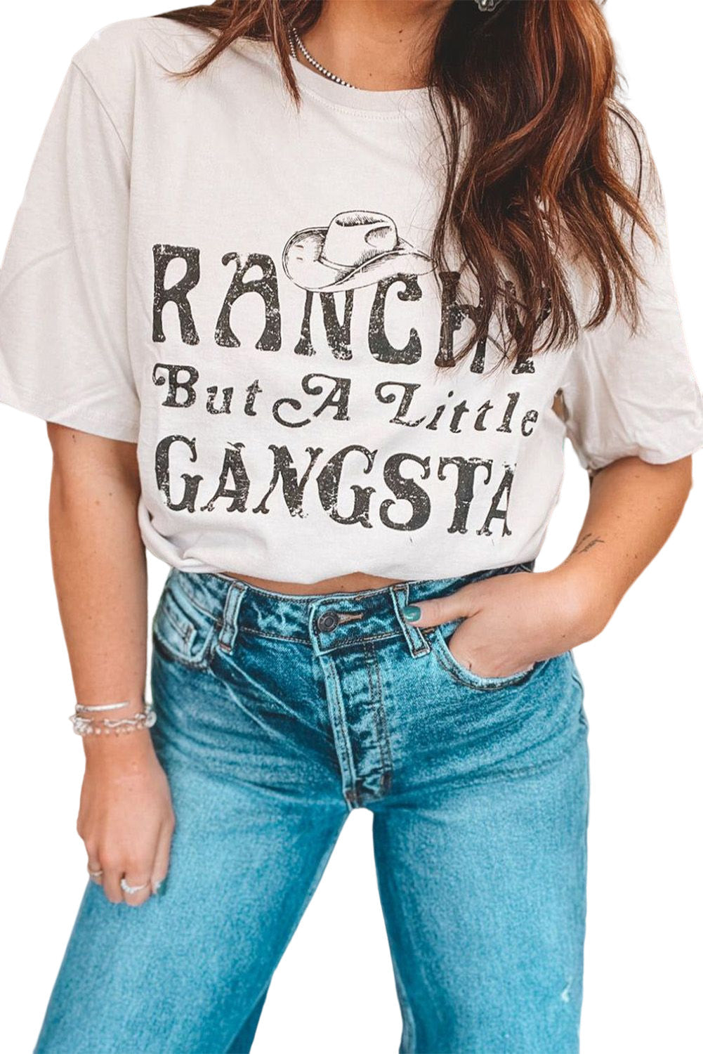 White Western Slogan Letter Print Short Sleeve T Shirt