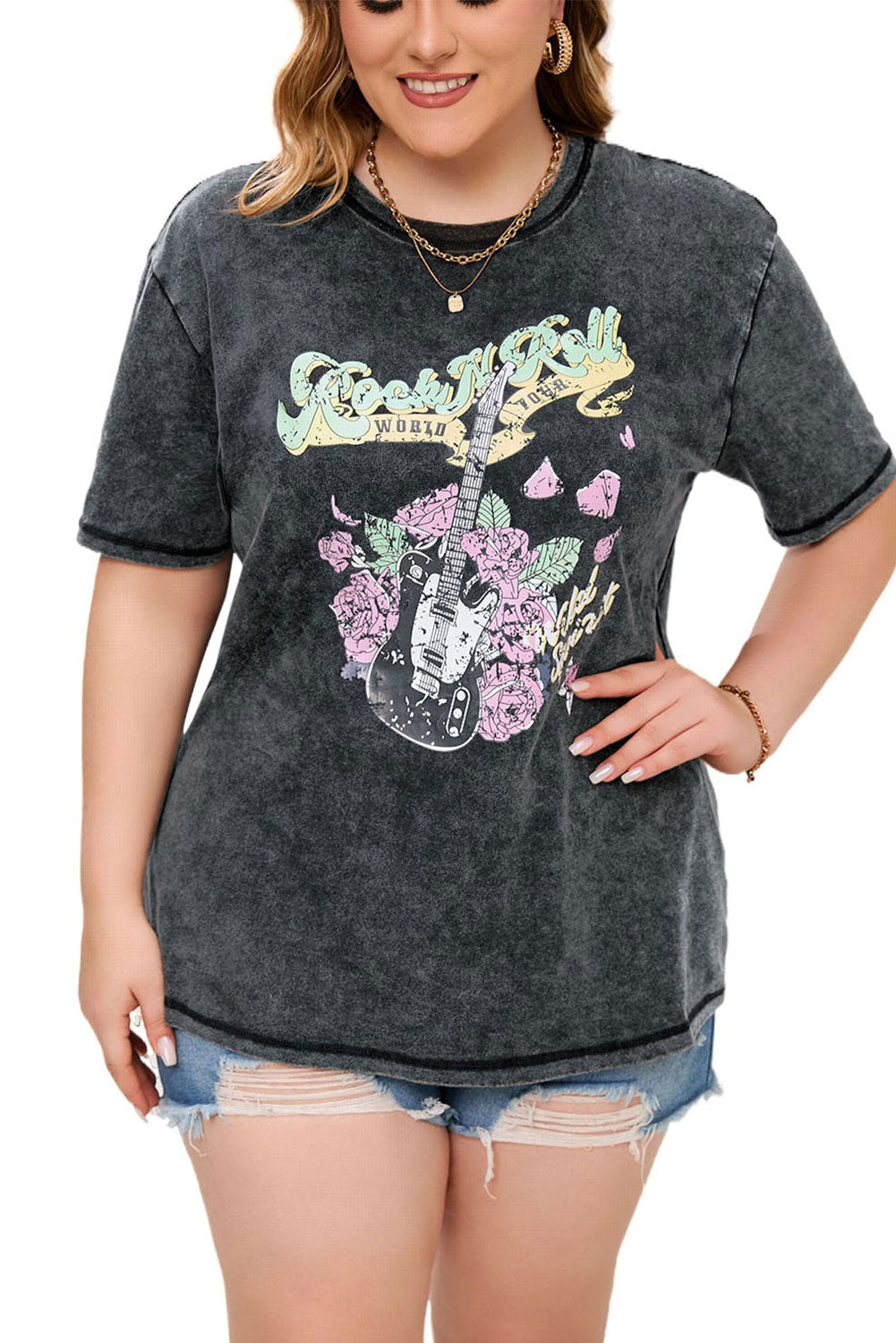 Gray Plus Size Retro Guitar Roses Graphic Washed T-shirt