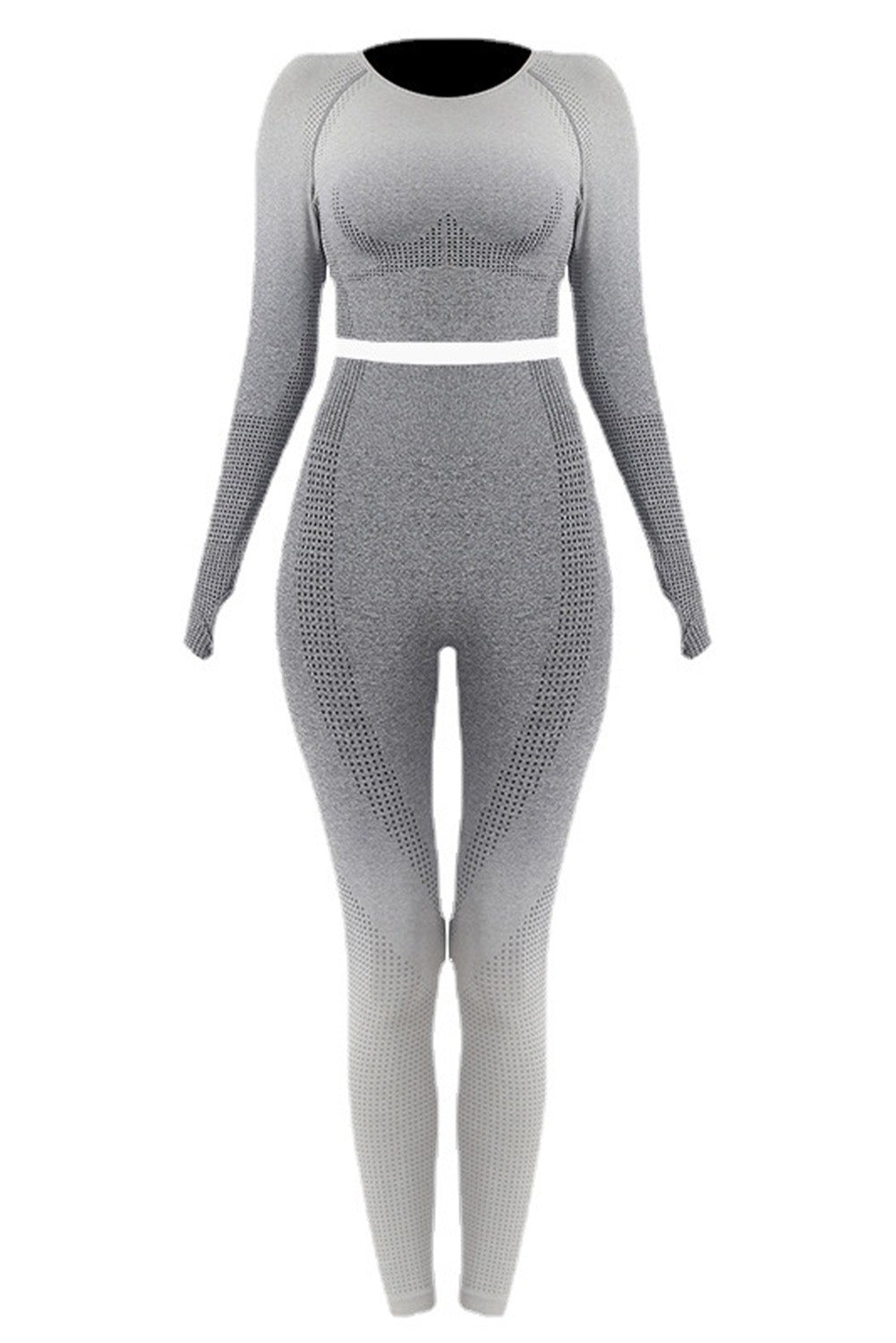 Gray Gradient Thumb Hole Long Sleeve Crop Top and Leggings Yoga Set