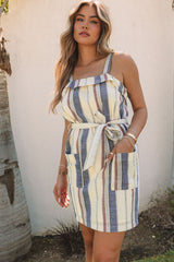 Stripe Frill Trim Patch Pocket Belted Mini Dress