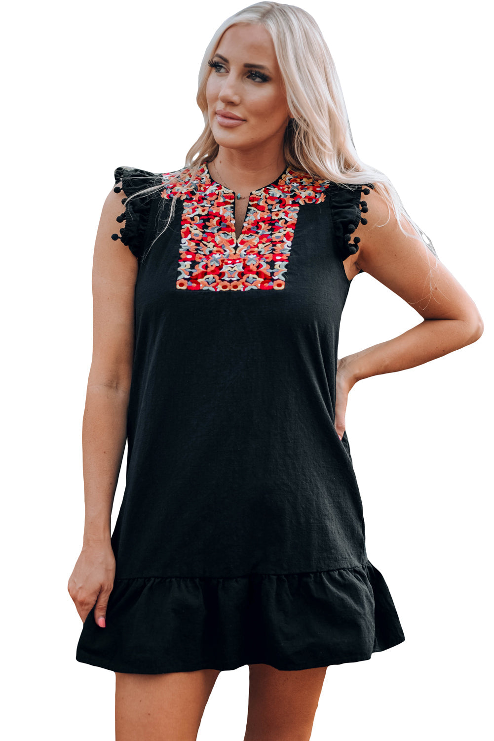Black Boho Print Pompom Sleeve Shift Dress