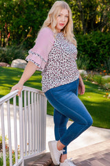 Pink Plus Size Ruffle Raglan Sleeve Leopard Top