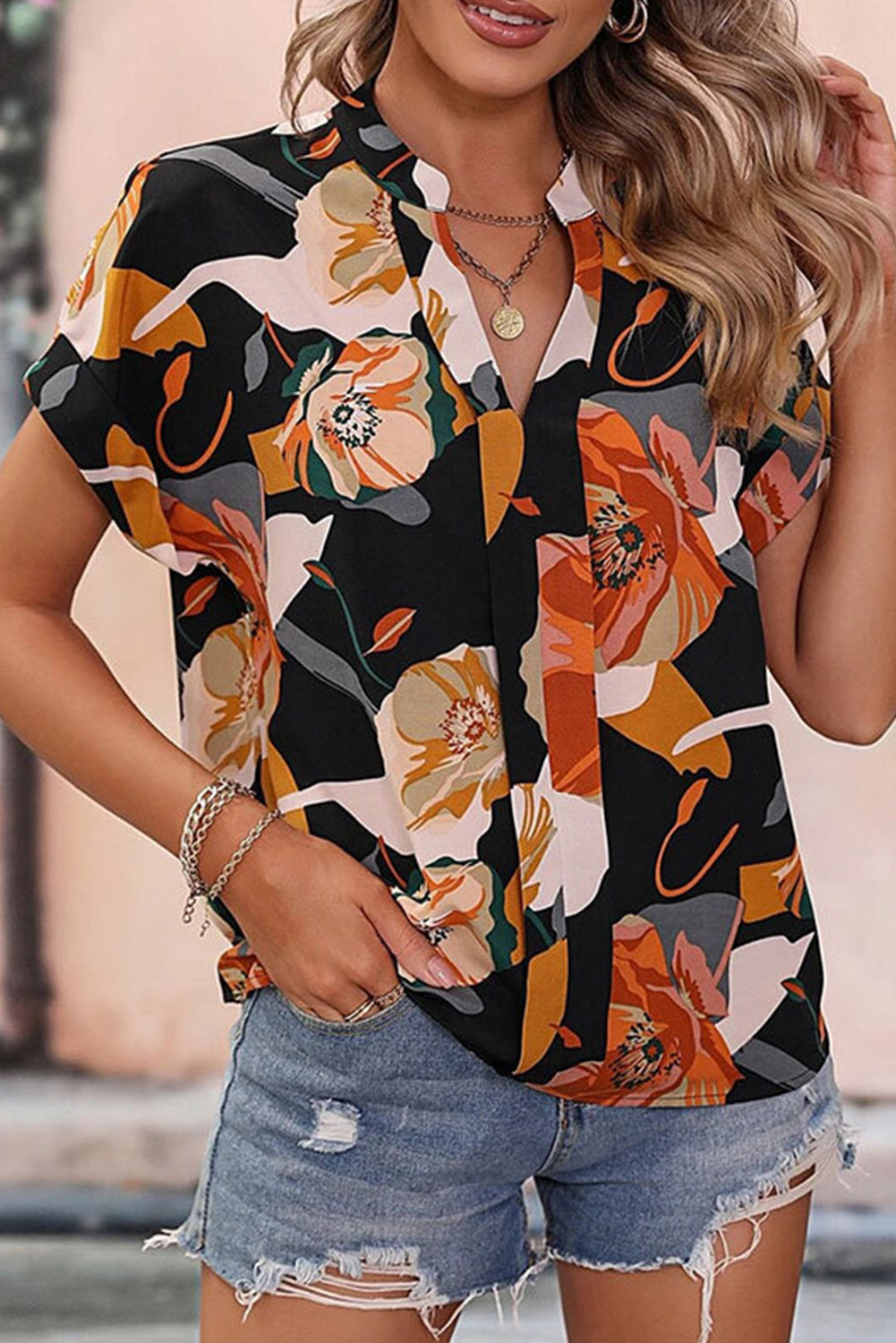 Black Floral Print Stand Collar Split V Short Sleeve Blouse