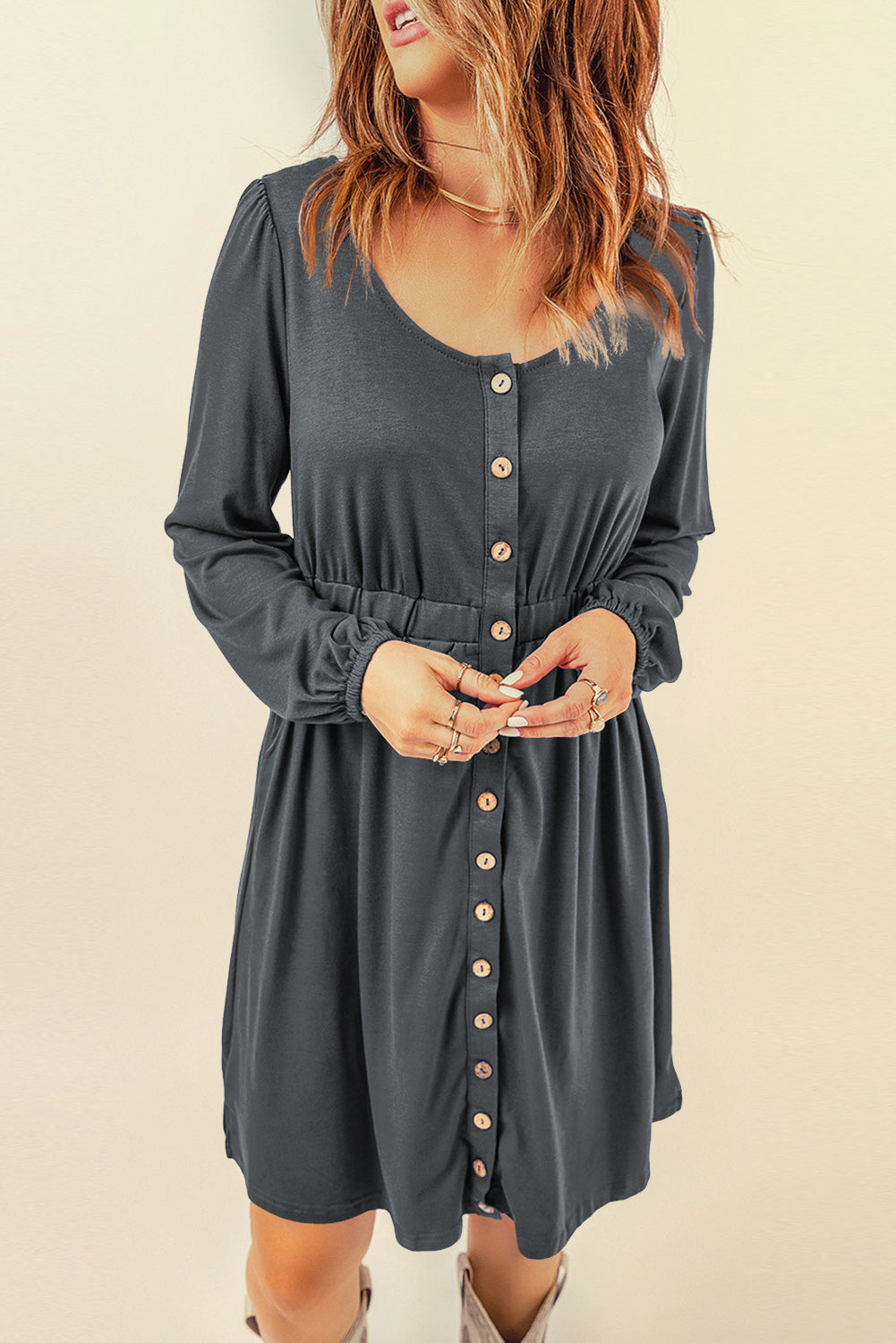 Red Button Up High Waist Long Sleeve Dress