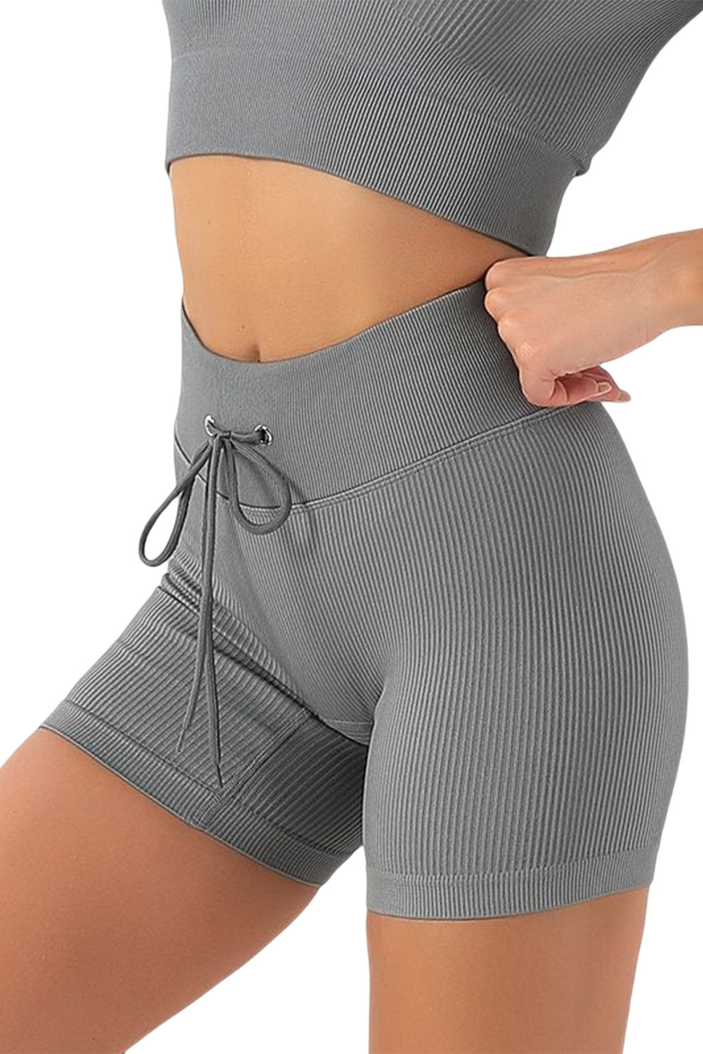 Black Solid Color Ribbed Drawstring Waist Yoga Shorts