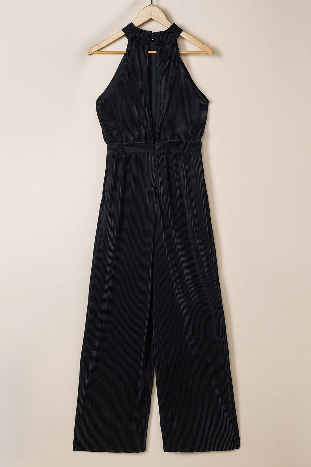 Black Button Halter Neck Keyhole Back Ribbed Jumpsuit