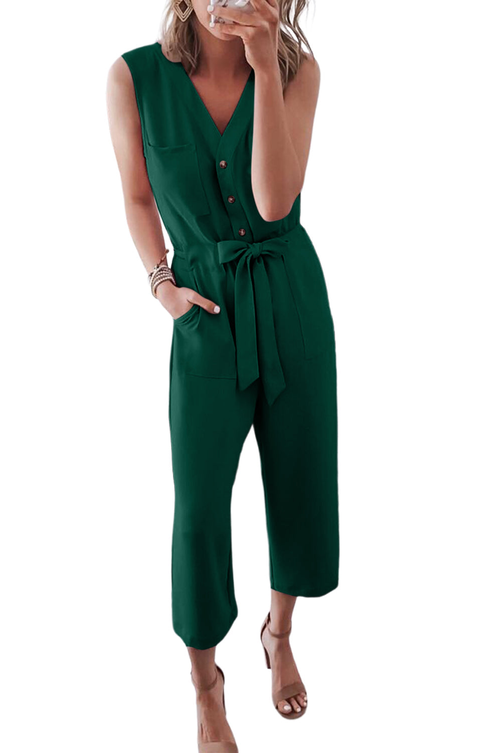 Black Buttoned Sleeveless Cropped Jumpsuit with Sash