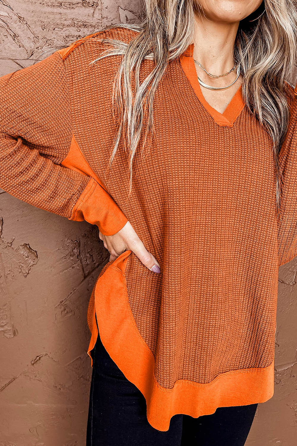 Orange Waffle Knit Patchwork V Neck Long Sleeve Top