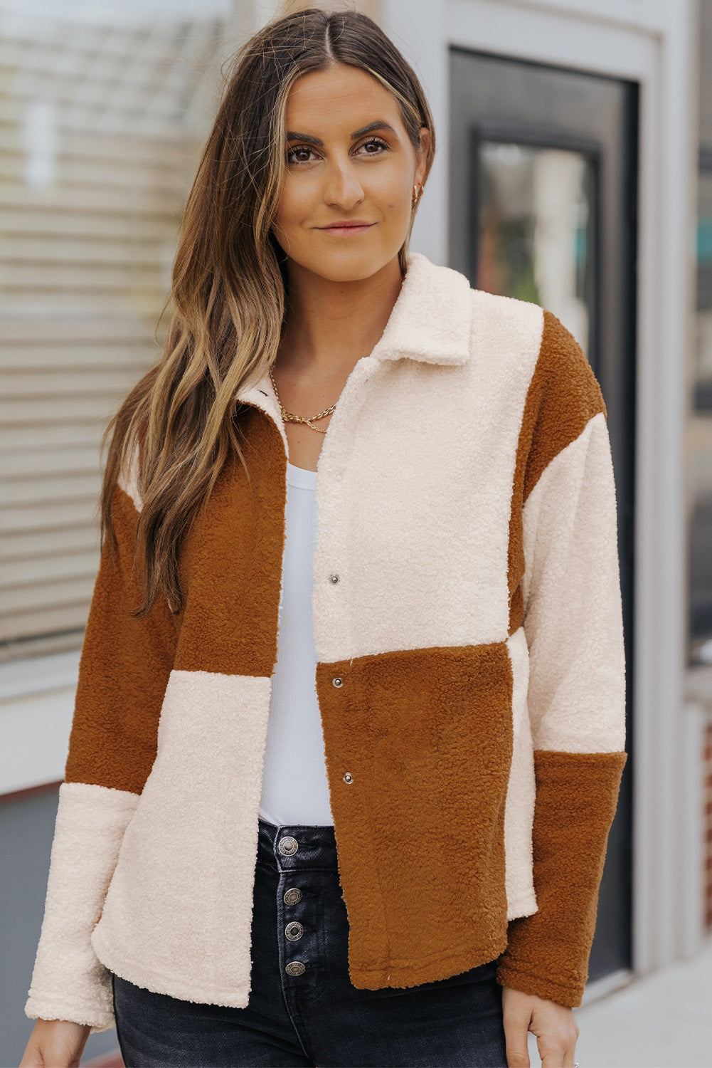 Black Colorblock Checkered Sherpa Jacket
