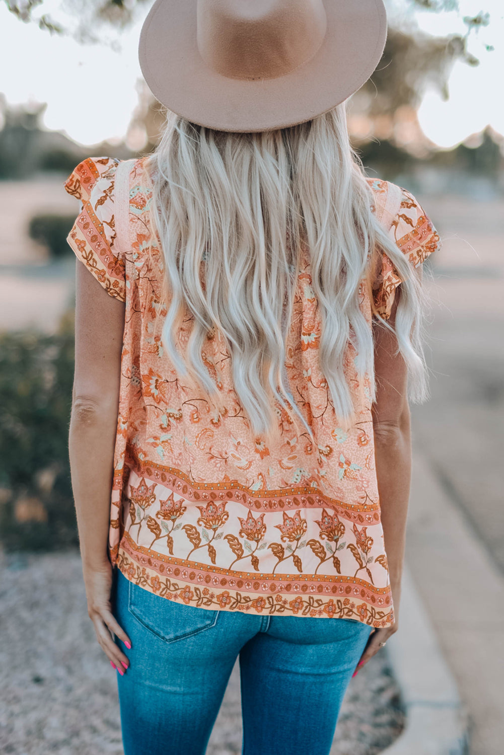 Sky Blue Floral Print Ruffled Crew Neck Sleeveless Top