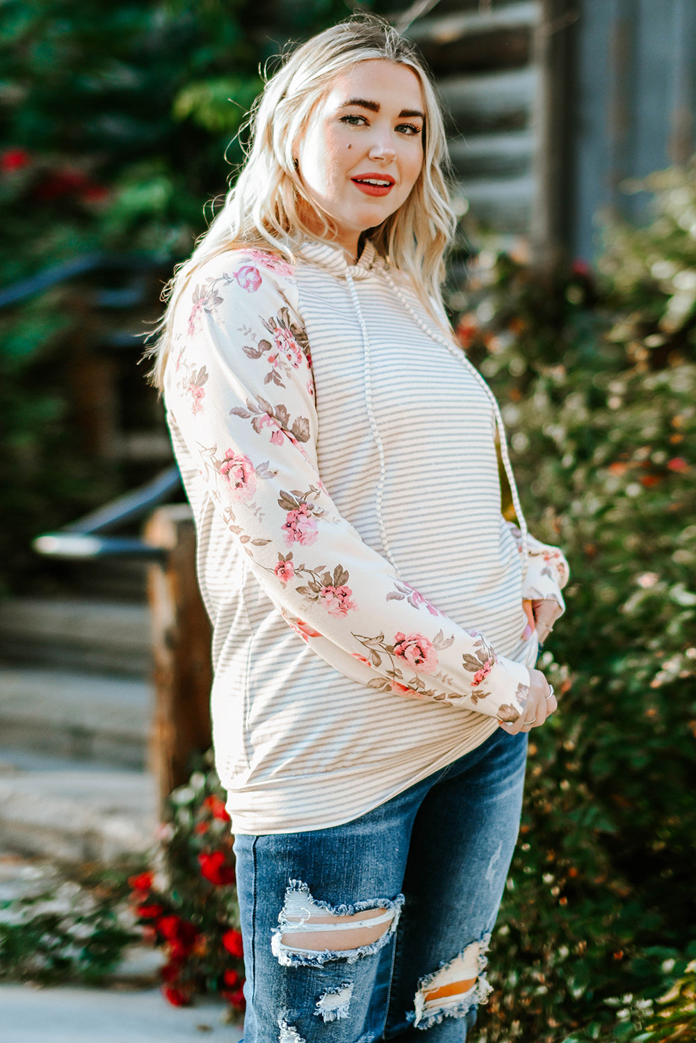 Stripe Plus Size Floral Raglan Sleeve Striped Hoodie