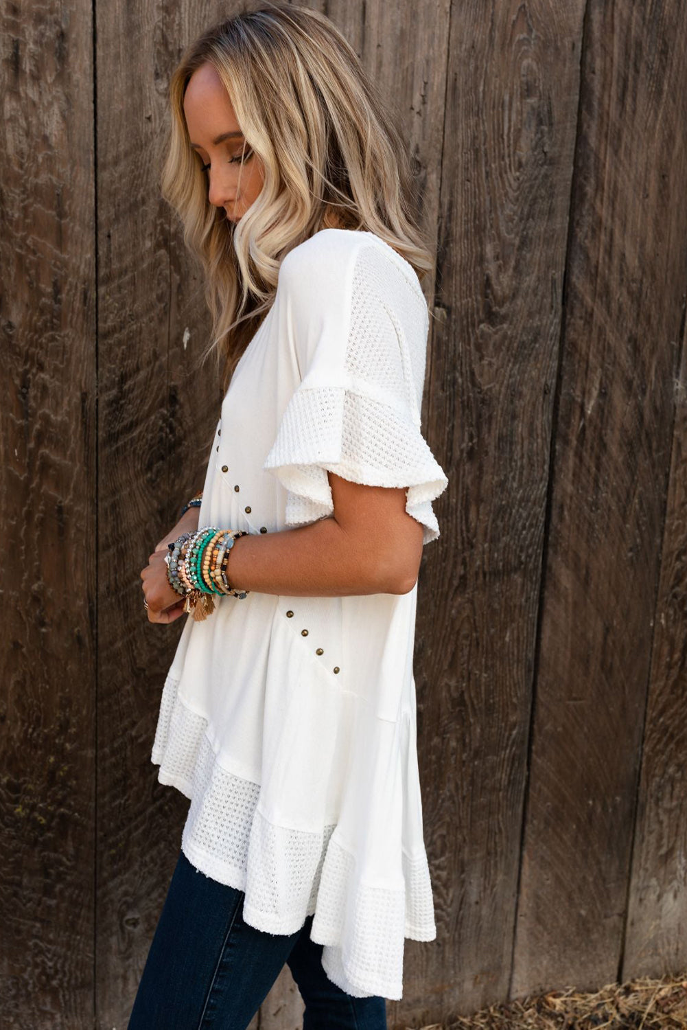 White Contrast Knit Splicing V Neck Studded Blouse