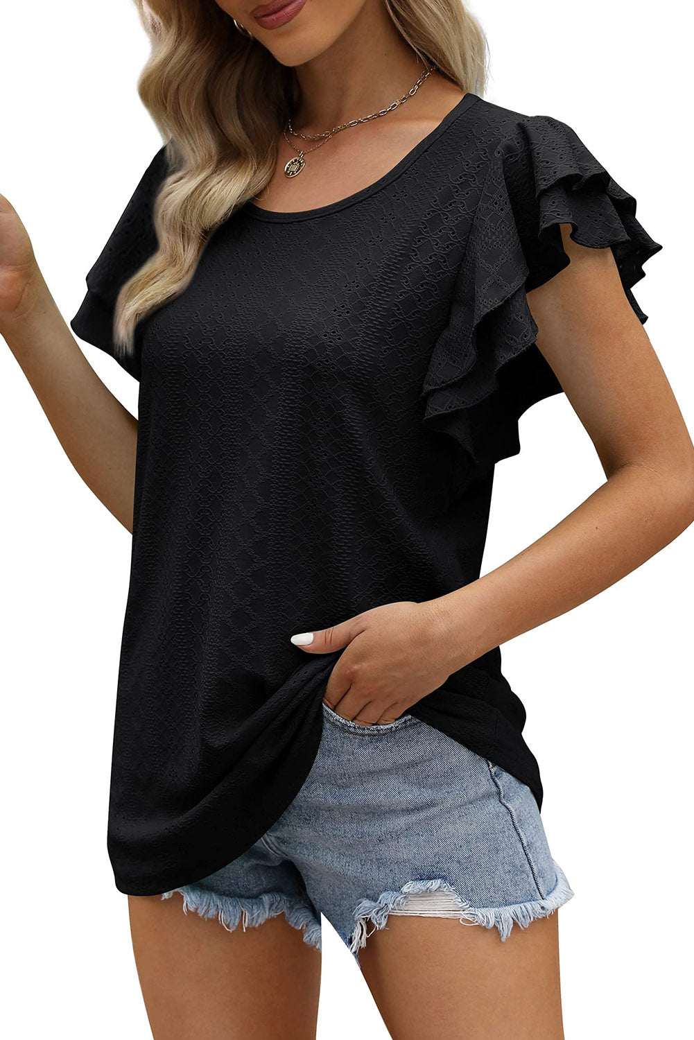 Black Rhombus Textured Ruffle Short Sleeve Blouse