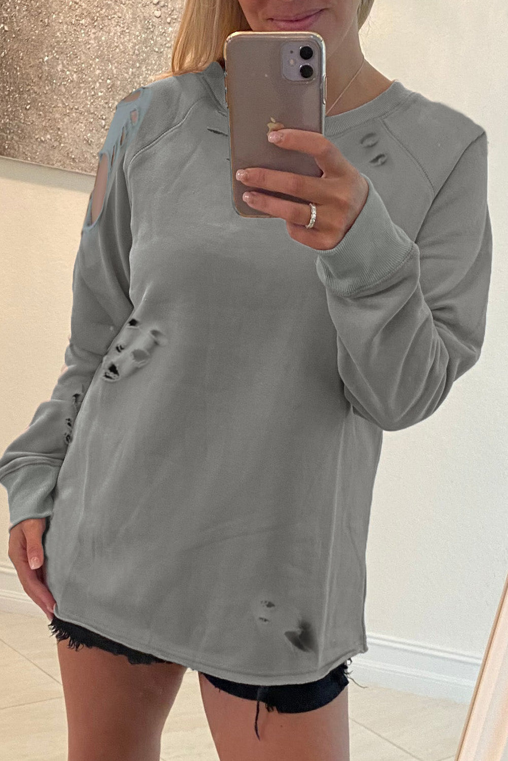 Gray Ribbed Trim Distressed Pullover Top