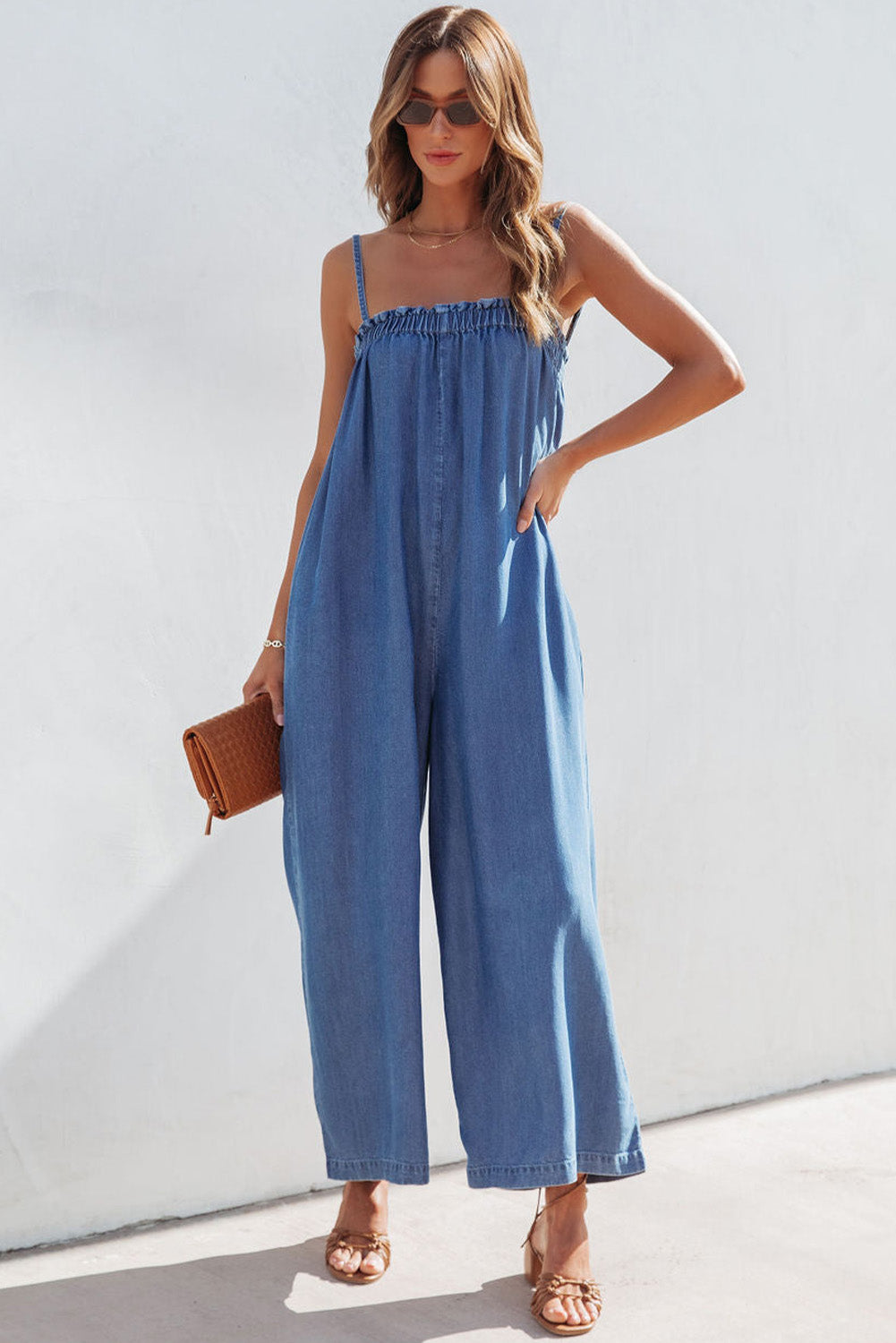 Blue Spaghetti Straps Frilled Neckline Pocketed Wide Leg Denim Jumpsuit