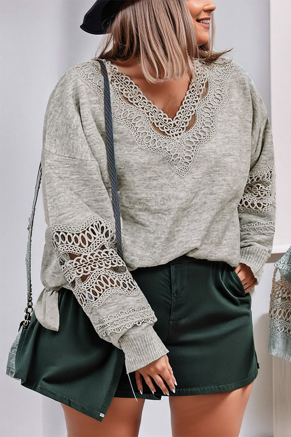 Black Hollowed Lace Splicing V Neck Loose Sweater
