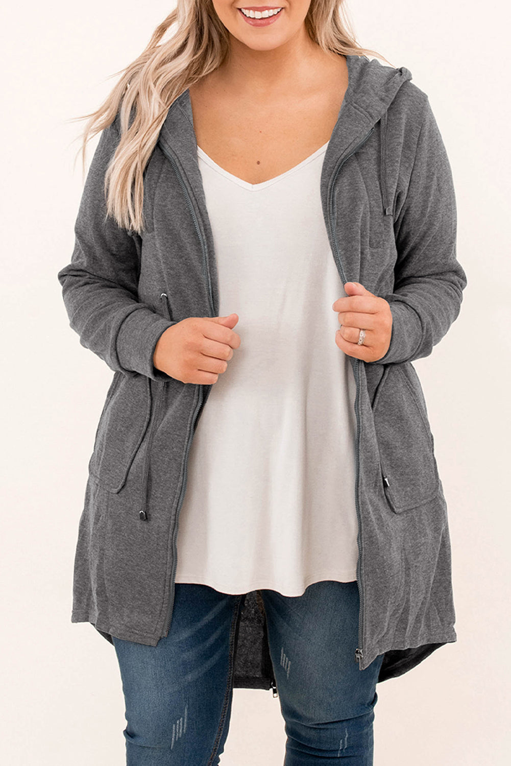 Gray Plus Size Drawstring High Low Hooded Jacket