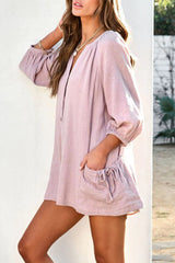 Pink Crinkled Buttoned V Neck Long Sleeve Romper