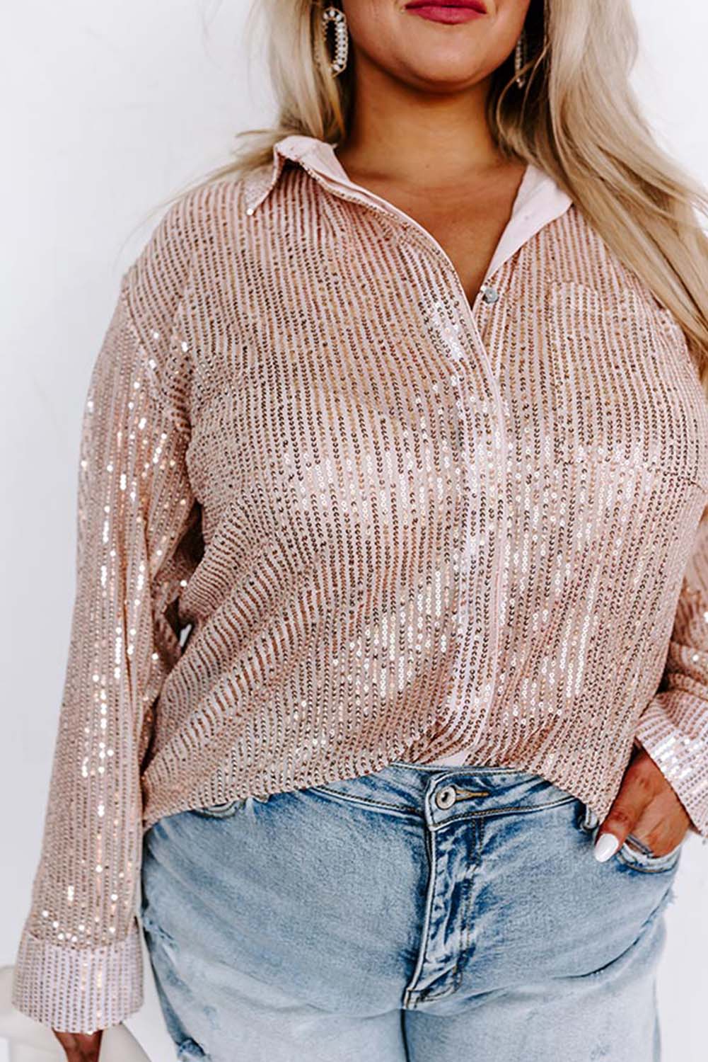 Apricot Sequin Long Sleeve Button-Up Plus Size Shirt