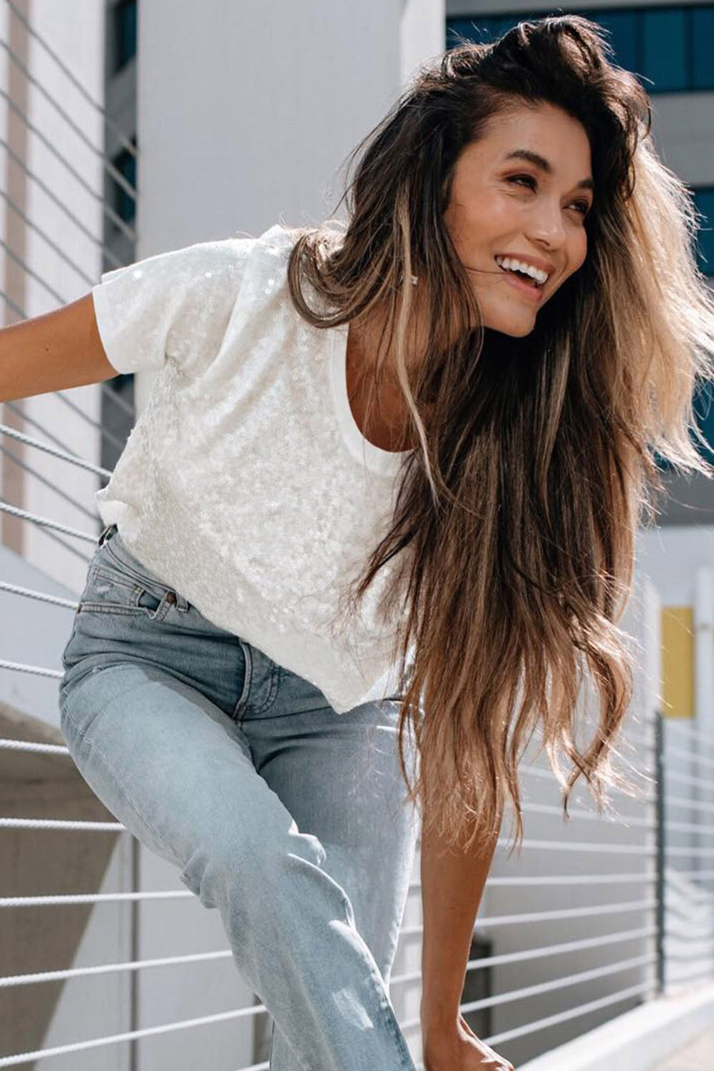 White Sequin Glitter Casual T Shirt