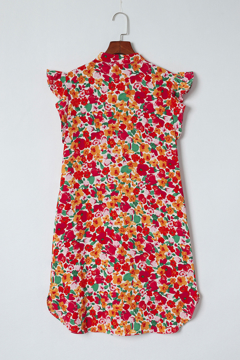 Red Ruffle Sleeve V-Neck Floral Dress