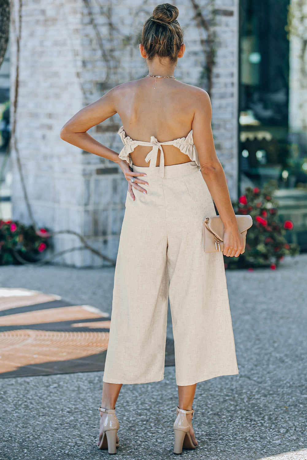 Black Ruffled Strapless Wide Leg Jumpsuit