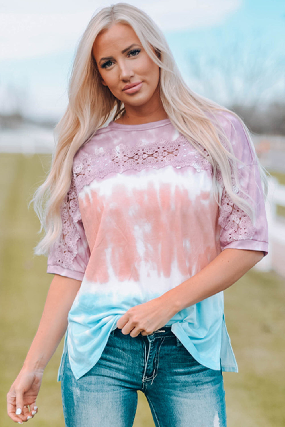 Lace Stitching Tie-dye Short Sleeve T Shirt