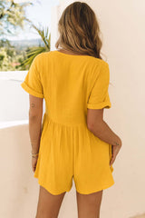 Yellow Button V Neck Crinkle Pocketed Romper