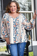 Multicolor Plus Size Mixed Print Split Neck Blouse