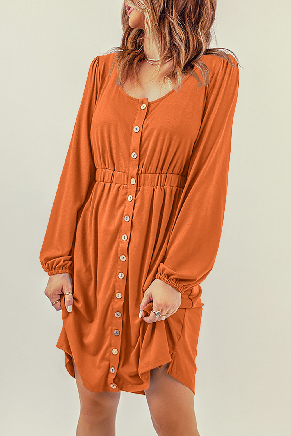 Red Button Up High Waist Long Sleeve Dress