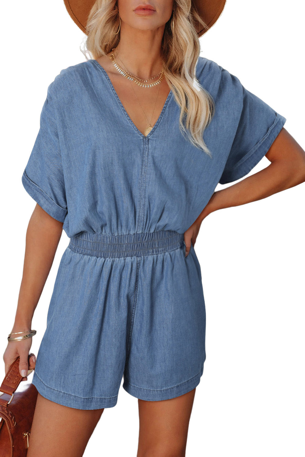 Sky Blue V Neck Smocked Waist Pocketed Chambray Romper