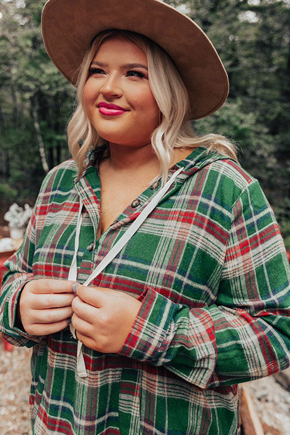 Green Plus Size Plaid Kangaroo Pocket Drawstring Hoodie