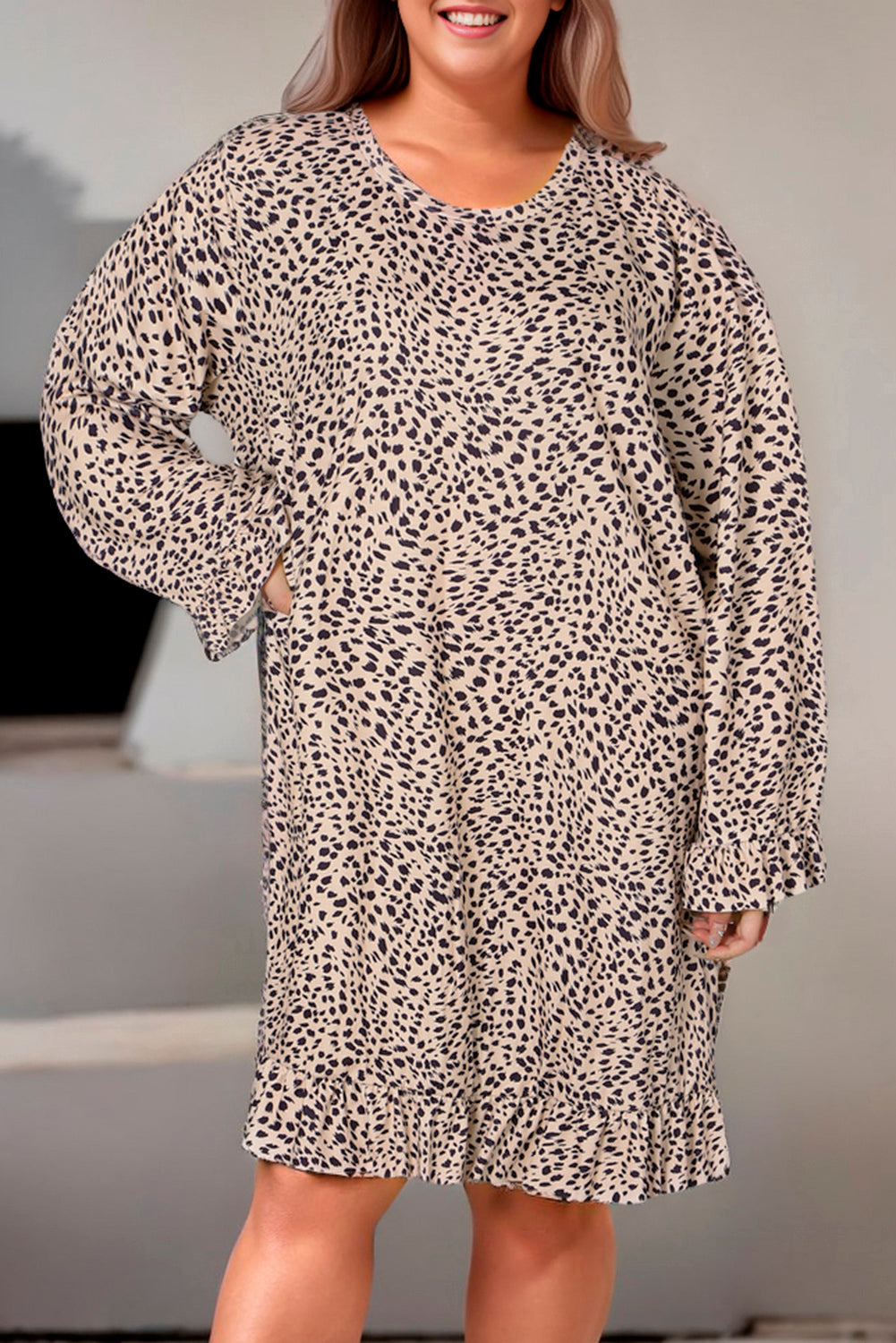 Leopard Plus Size Ruffle Long Sleeve Mini Dress