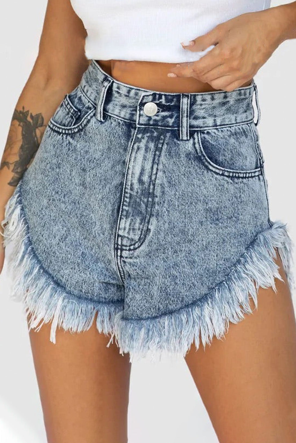 Sky Blue Dark Acid Wash Raw Hem Jean Shorts