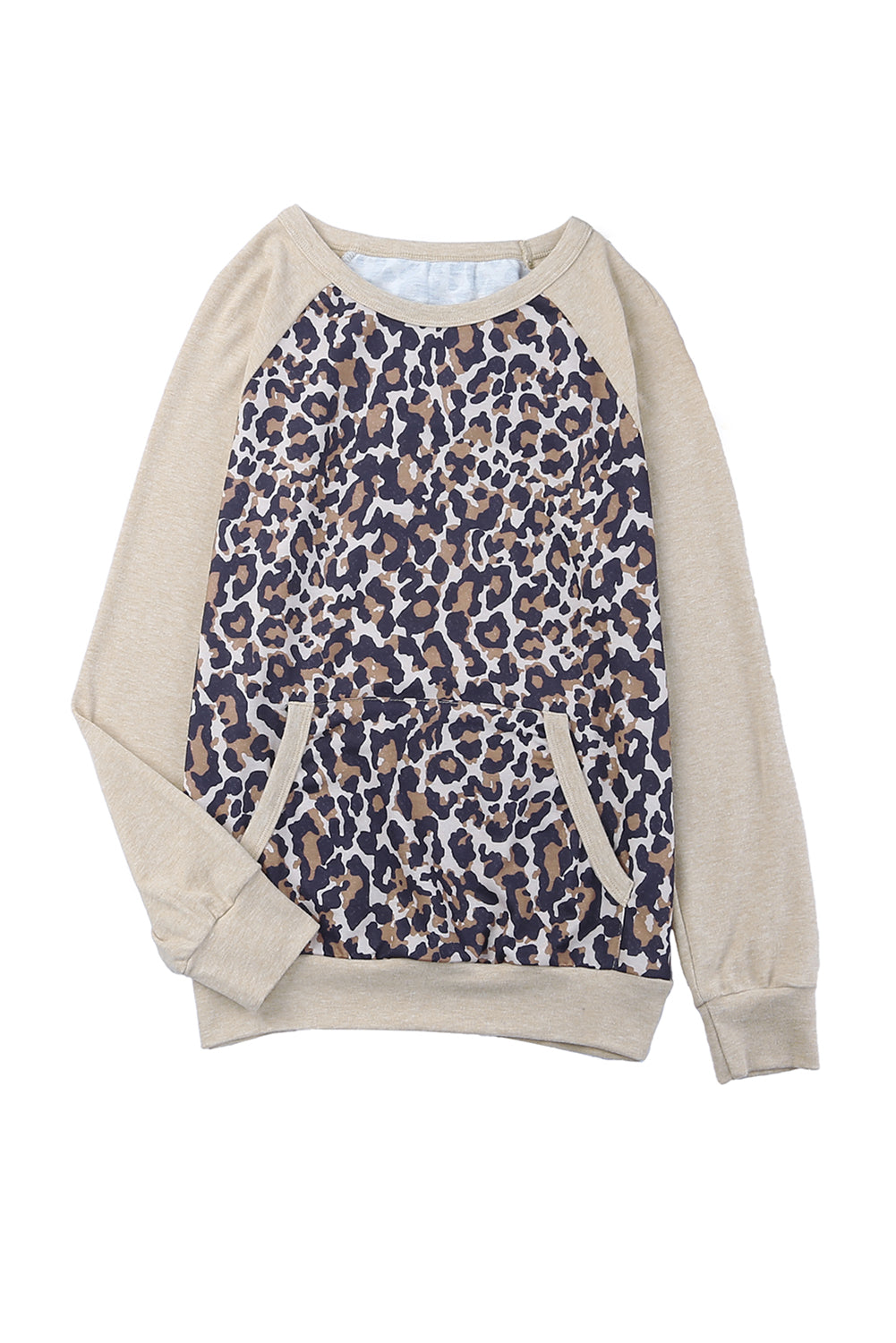 Leopard Kangaroo Pocket Raglan Sleeves Sweatshirt