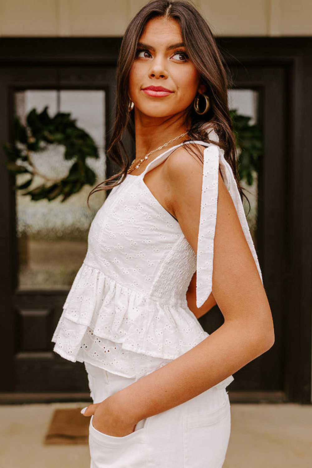 White Eyelet Pattern Tied Shoulder Peplum Tank Top