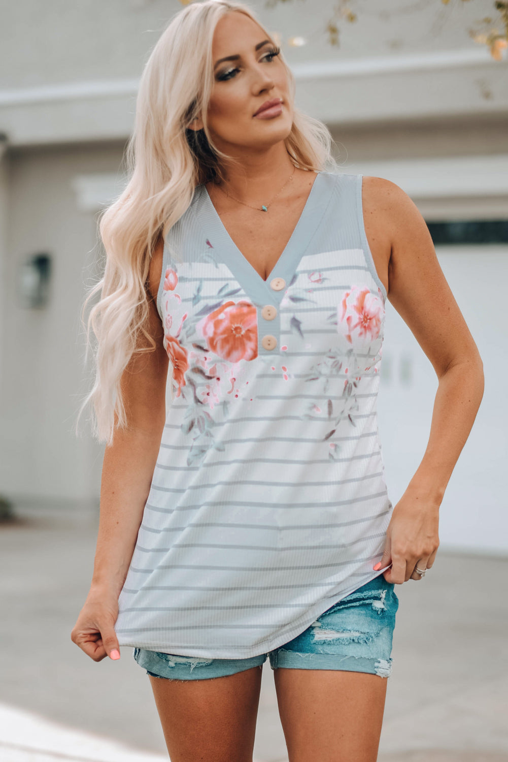 Gray Floral Print V-neck Sleeveless Button Striped Tank Top