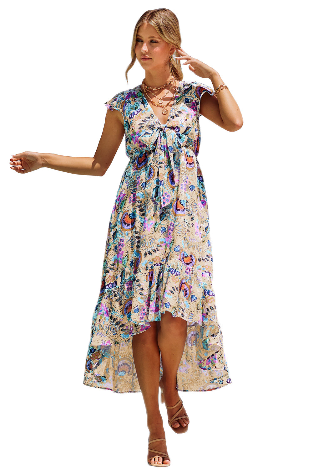 Multicolor Boho Floral Print Self-tie High Waist Long Dress