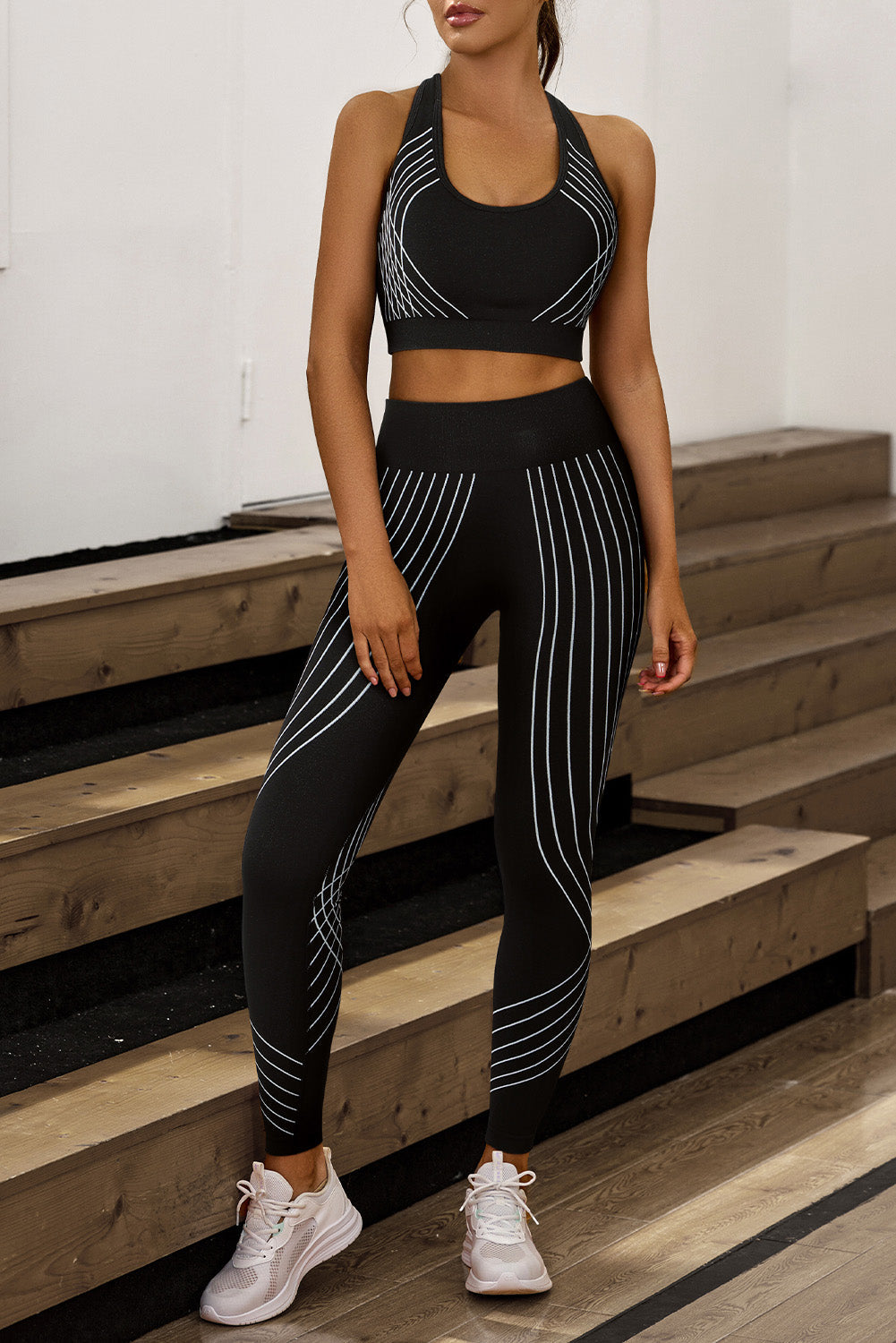 Black Striped Racerback Tank Top and High Waist Pants Active Set