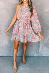 Pink Paisley Print One Shoulder Lace-up High Waist Mini Dress