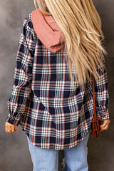 Pink Contrast Hooded Drawstring Plaid Shacket